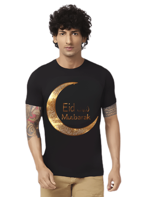 Haifa Imperial Eid Mubarak printed cotton T-shirt for men, festive Islamic Eid ul Fitr 2026 celebration tee.